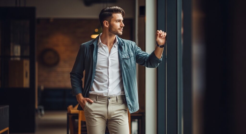 man-dark-blue-jacket-white-shirt-khaki-chinos
