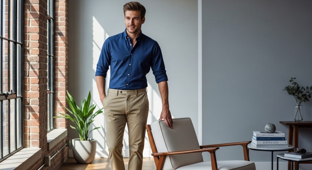 man-navy-shirt-khaki-chinos
