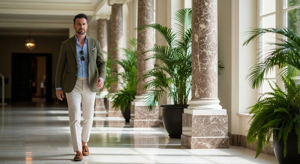Business Casual Outfit for Men: A Simple Guide to Looking Sharp Every Day 6 Elegant-Casual-Look-in-a-Luxurious-Hallway