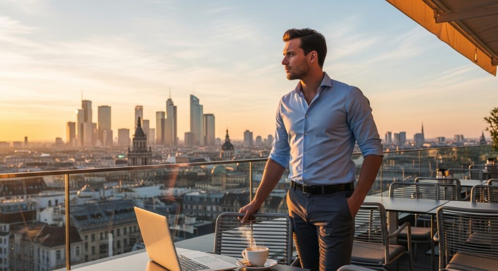 Business Casual Outfit for Men: A Simple Guide to Looking Sharp Every Day 3 Stylish-Businessman-Overlooking-the-City-at-Sunset