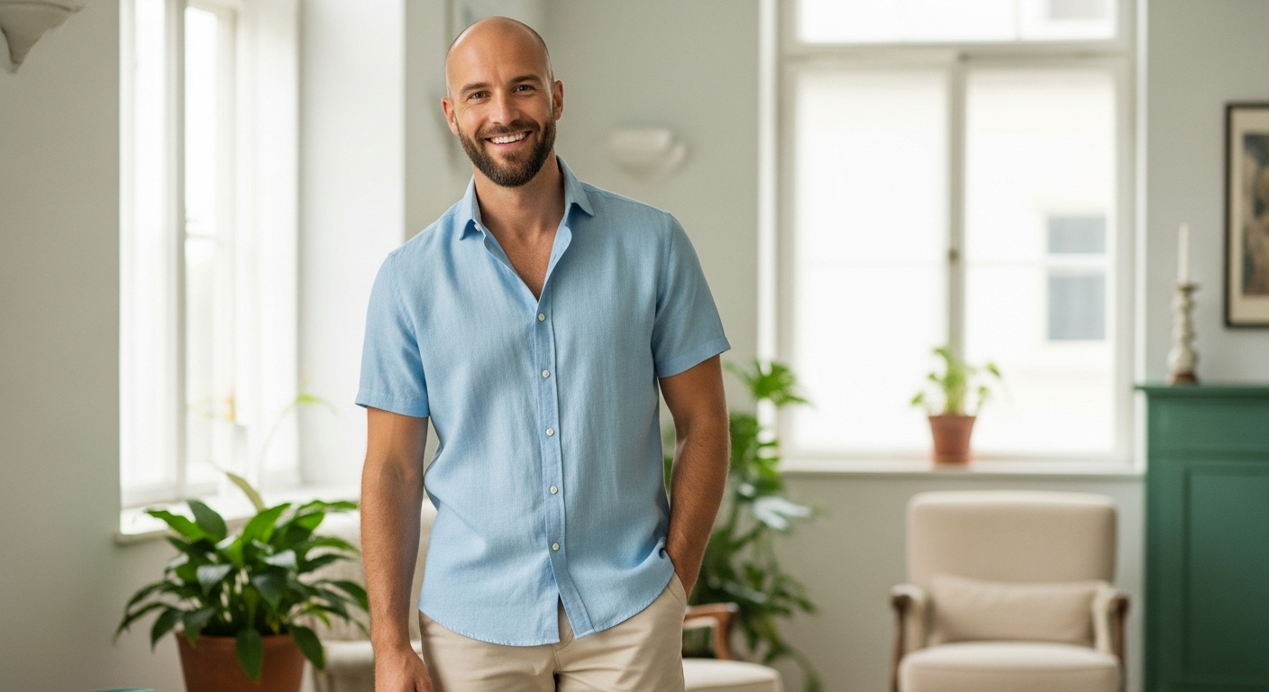 Smiling man in a light blue shirt standing in a bright, modern living room.