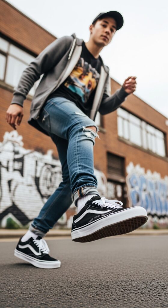 A-man-rocking-black-Vans-Old-Skool-sneakers-with-casual-streetwear