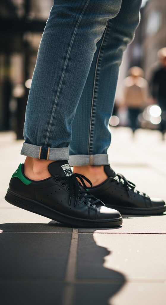 A-man-wearing-black-Adidas-Stan-Smith-sneaker-with-casual-jeans