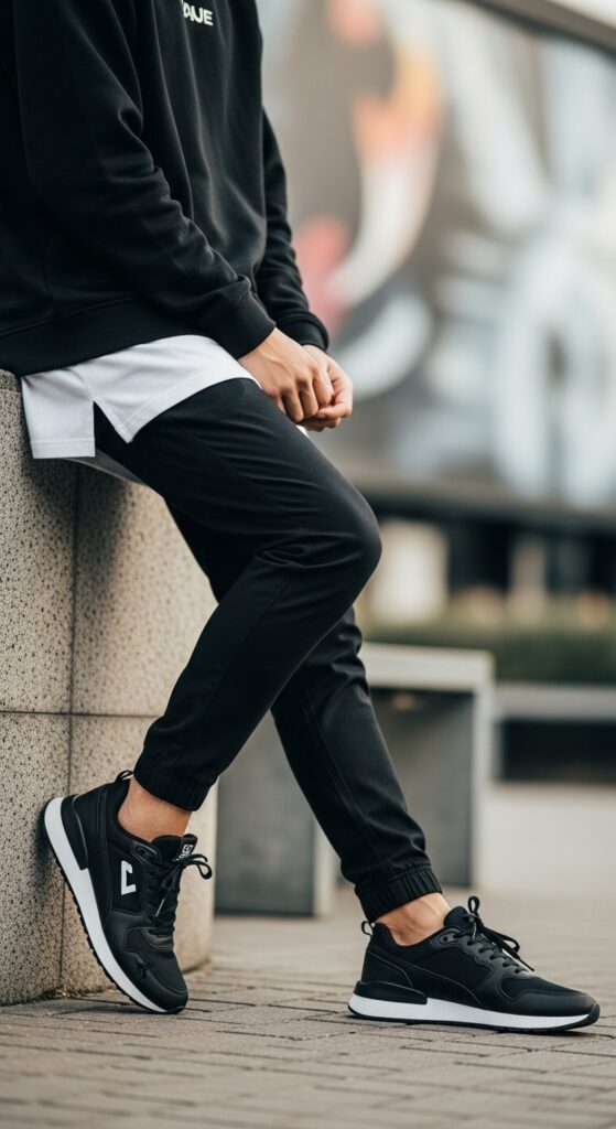A sporty streetwear look with black sneakers joggers and a sweatshirt for a laid back yet stylish outfit