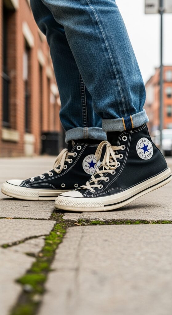 Converse-Chuck-Taylor-All-Star-high-top-sneakers-in-black-worn-with-casual-denim-for-an-urban-look