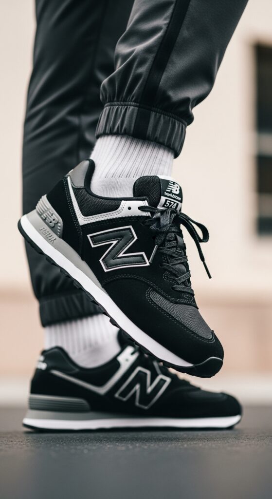 New-Balance-574-black-sneakers-paired-with-casual-workout-attire-for-a-sporty-look