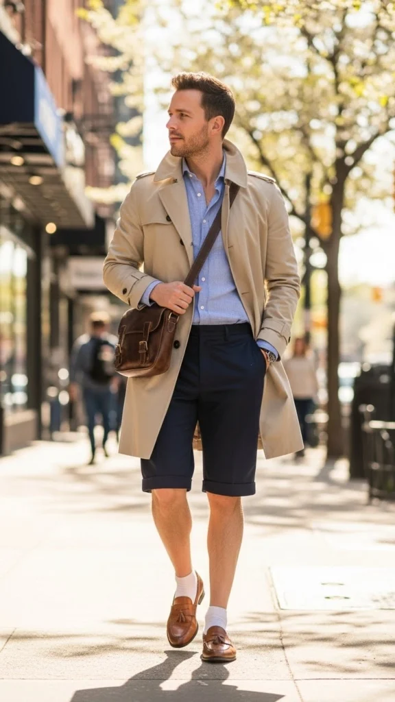 Trench-Coat-Shorts-Loafers