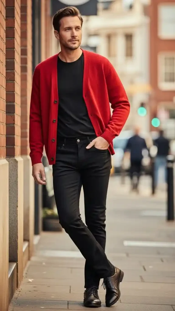red-cardigan-with-black-jeans