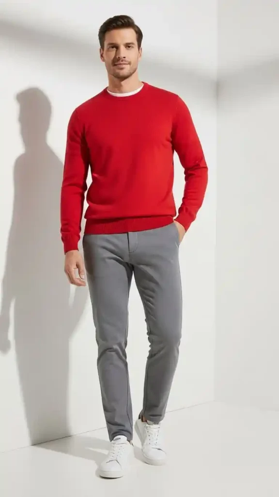 red-crew-neck-sweater-with-grey-pants