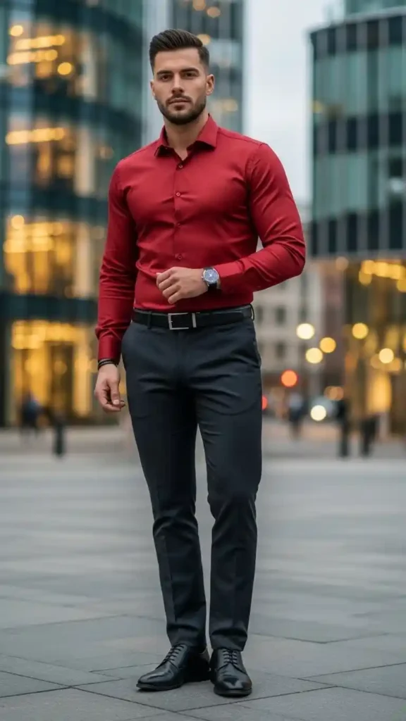 red-long-sleeve-shirt-with-dark-trousers