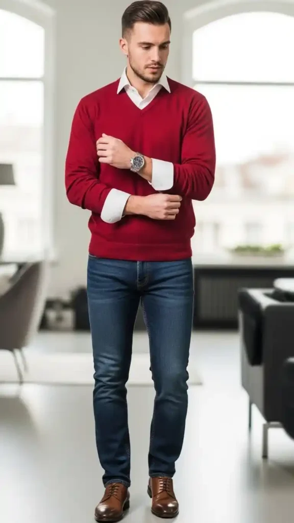 red-v-neck-sweater-with-white-shirt
