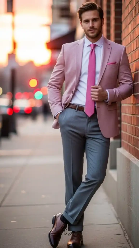 15+ Valentine’s Day Blazer Outfits for Men to Look Sharp and Stylish 15 blush-pink-blazer-with-grey-pants