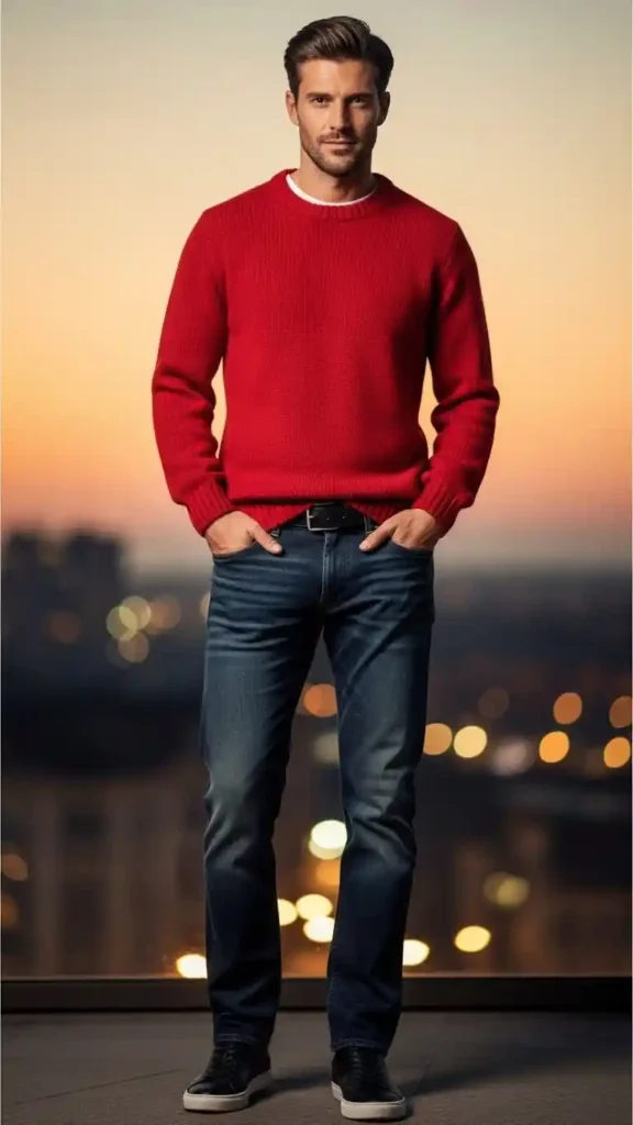 18 Trendy Valentine Outfit Ideas for Men to Look Confident 4 bold-red-sweater-with-dark-jeans