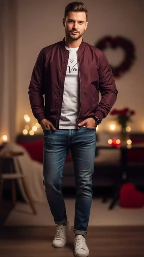18 Trendy Valentine Outfit Ideas for Men to Look Confident 16 bomber-jacket-with-t-shirt-and-jeans