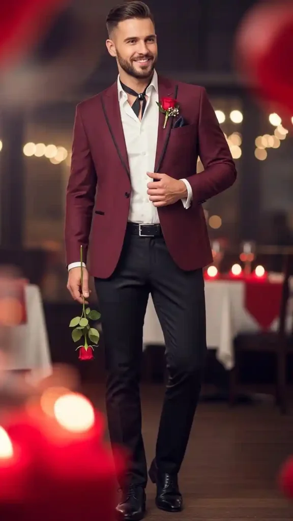 15+ Valentine’s Day Blazer Outfits for Men to Look Sharp and Stylish 4 burgundy-blazer-with-black-pants