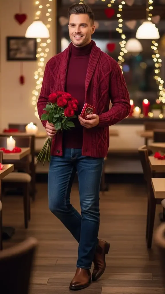 17 Stunning Valentine’s Day Outfits for Men That Look Sharp and Stylish 16 burgundy-knitwear-layering