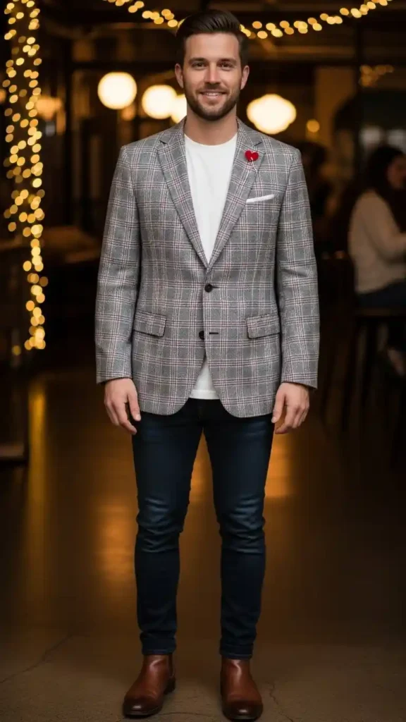 15+ Valentine’s Day Blazer Outfits for Men to Look Sharp and Stylish 5 grey-checkered-blazer-with-white-tee