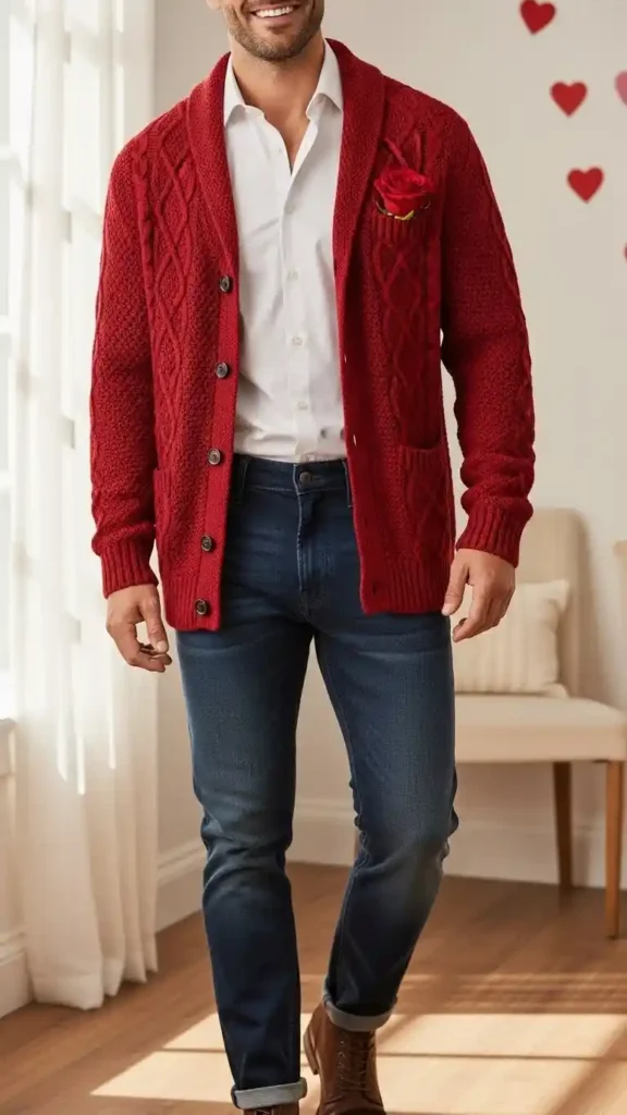 18 Trendy Valentine Outfit Ideas for Men to Look Confident 12 knit-cardigan-with-shirt-and-jeans