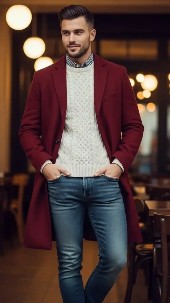 18 Trendy Valentine Outfit Ideas for Men to Look Confident 18 long-coat-with-sweater-and-jeans