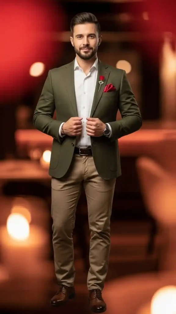 15+ Valentine’s Day Blazer Outfits for Men to Look Sharp and Stylish 9 olive-green-blazer-with-khaki-pants