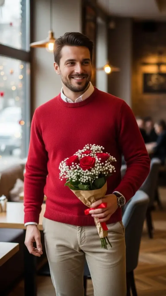 red-sweater-and-beige-corduroys
