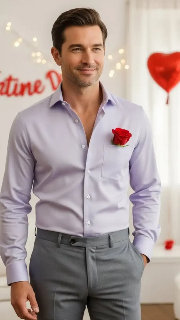 17 Stunning Valentine’s Day Outfits for Men That Look Sharp and Stylish 18 soft-lavender-shirt-and-grey-trousers