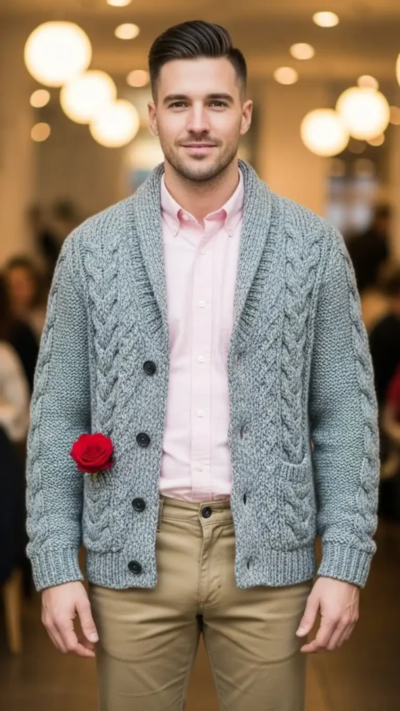 17 Stunning Valentine’s Day Outfits for Men That Look Sharp and Stylish 15 textured-grey-cardigan-and-chinos