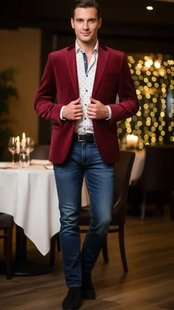 18 Trendy Valentine Outfit Ideas for Men to Look Confident 13 velvet-blazer-with-dark-jeans