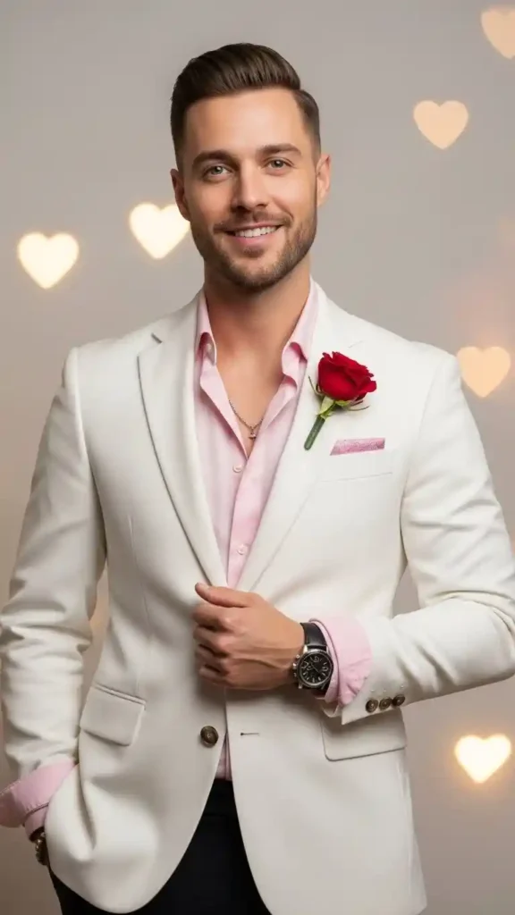 15+ Valentine’s Day Blazer Outfits for Men to Look Sharp and Stylish 6 white-blazer-with-pastel-pink-shirt