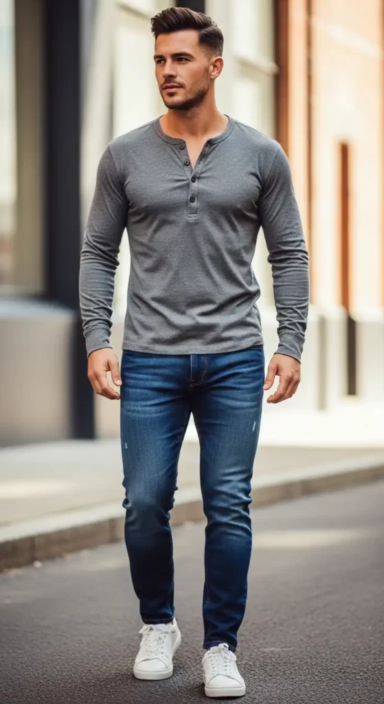 classic-henley-blue-jeans-and-white-sneakers