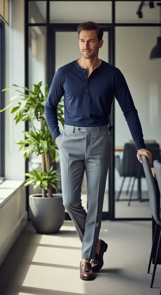 office-casual-henley-with-trousers-and-loafers