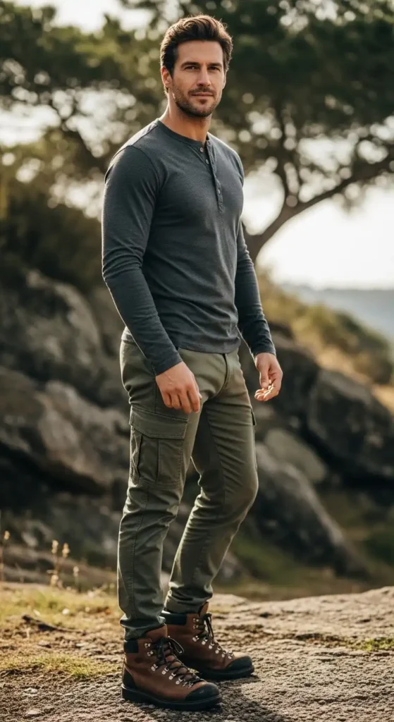 weekend-henley-with-cargo-pants-and-hikers
