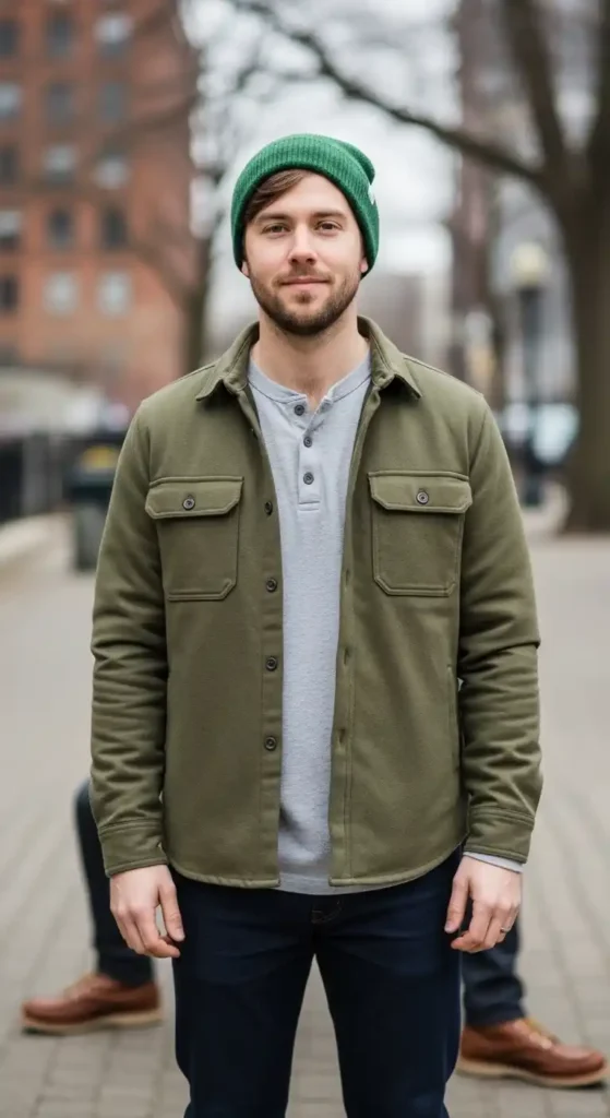 green-beanie-with-casual-layers