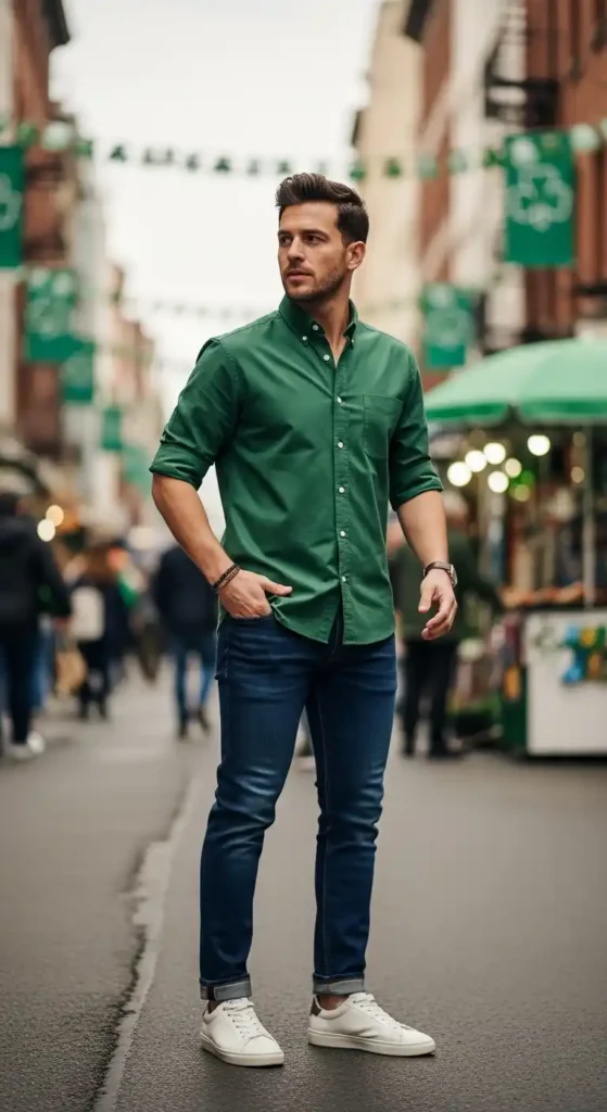green-button-down-with-rolled-sleeves